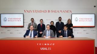 Firma de la renovación del convenio de colaboración entre la USAL, la Cámara de Comercio de Salamanca y Unicaja