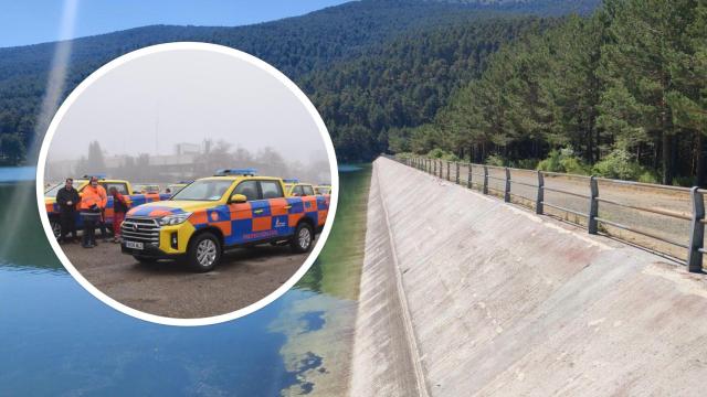 Imagen de archivo de un dispositivo de Protección Civil de la Junta y de la presa de El Tejo, en El Espinar (Segovia)