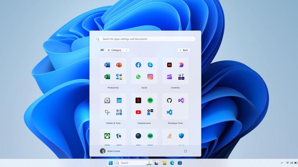 Nueva vista de Categorías del menú inicio de Windows 11