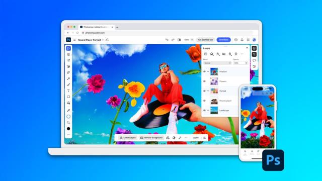 Ilustración de las apps de Photoshop en web e iPhone.