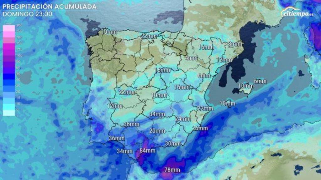 Acumulados de lluvia previstos en la Península y Baleares durante el fin de semana.