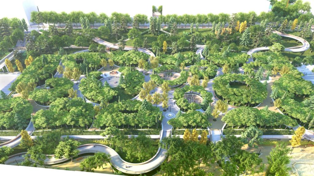 Vista área virtual del Parque Ventas y sus pasarelas de acceso serpenteantes.