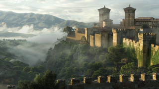 Pueblo medieval con una muralla.