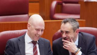 El portavoz adjunto de Vox en las Cortes, Carlos Menéndez, y el portavoz, David Hierro, durante el pleno de las Cortes de este martes