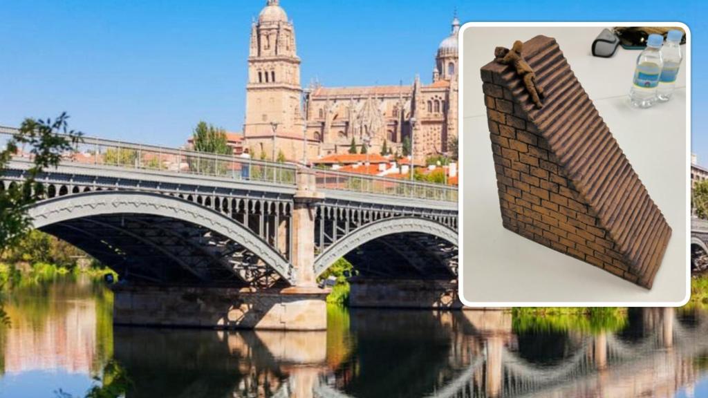 Boceto de la obra que se instalará y el puente de Enrique Estevan, lugar cercano donde se pondrá la escultura