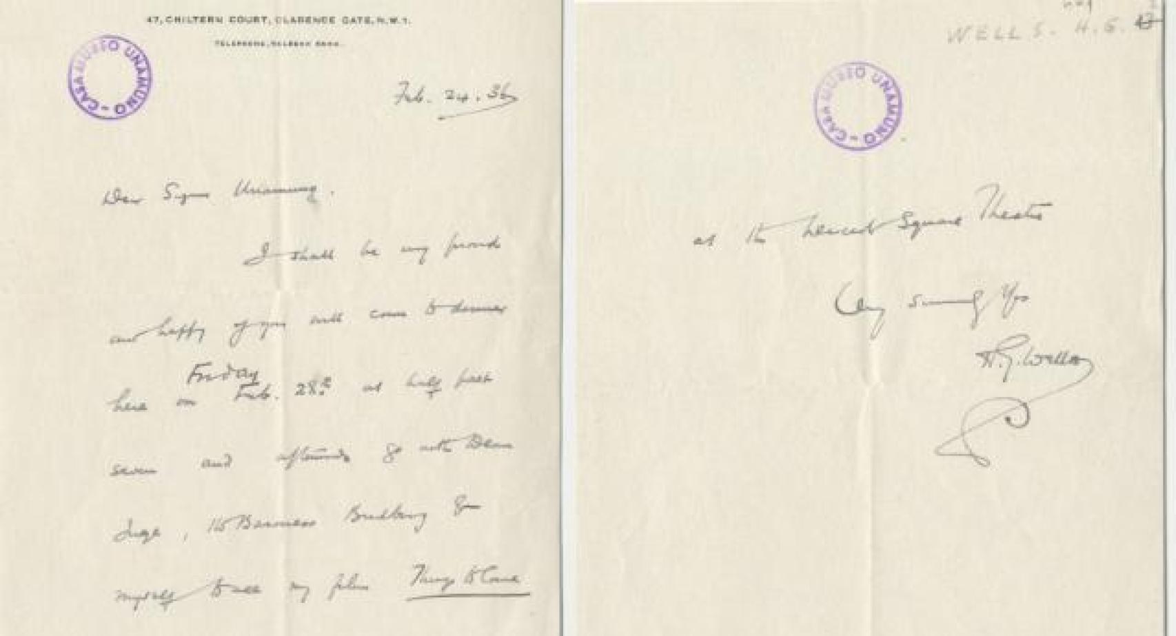 Invitación manuscrita del propio H.G. Wells dirigida a Unamuno