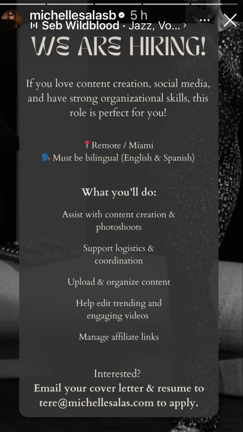 La mexicana ha compartido una oferta de empleo en su perfil de Instagram: busca un 'community manager'.