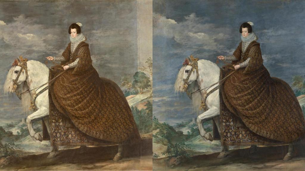 Antes y después de la restauración del lienzo 'La reina Isabel de Borbón a caballo' de Diego Velázquez, 1635. Fotos: Museo Nacional del Prado