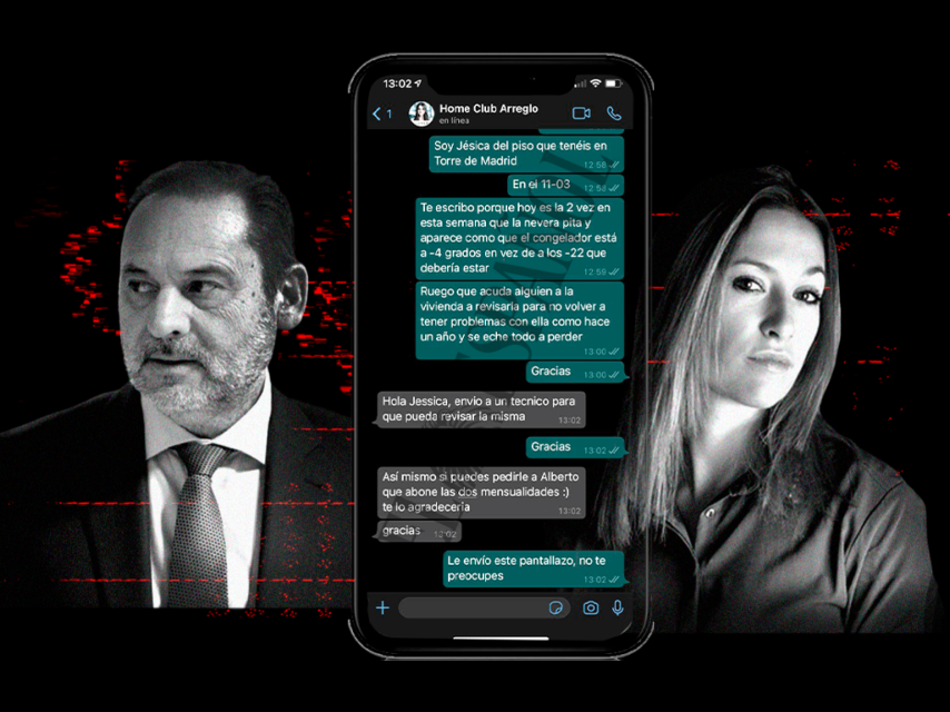 José Luis Ábalos y Jésica Rodríguez en un fotomontaje con el whatsapp que envió la inmobilaria del apartamento de lujo en Madrid.