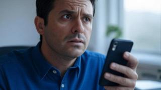 Imagen de un hombre preocupado mirando su móvil.