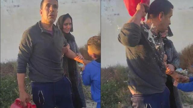 El cabeza de familia en dos secuencias del vídeo, grabado este jueves en Jacarilla, donde amenaza con quemarse a lo bonzo con su mujer e hijos.