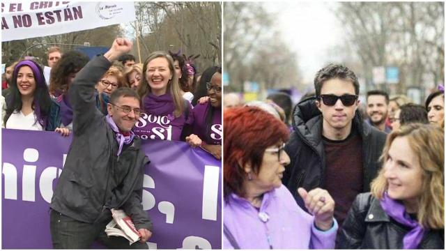 Juan Carlos Monedero e Íñigo Errejón en distintas manifestaciones feministas.