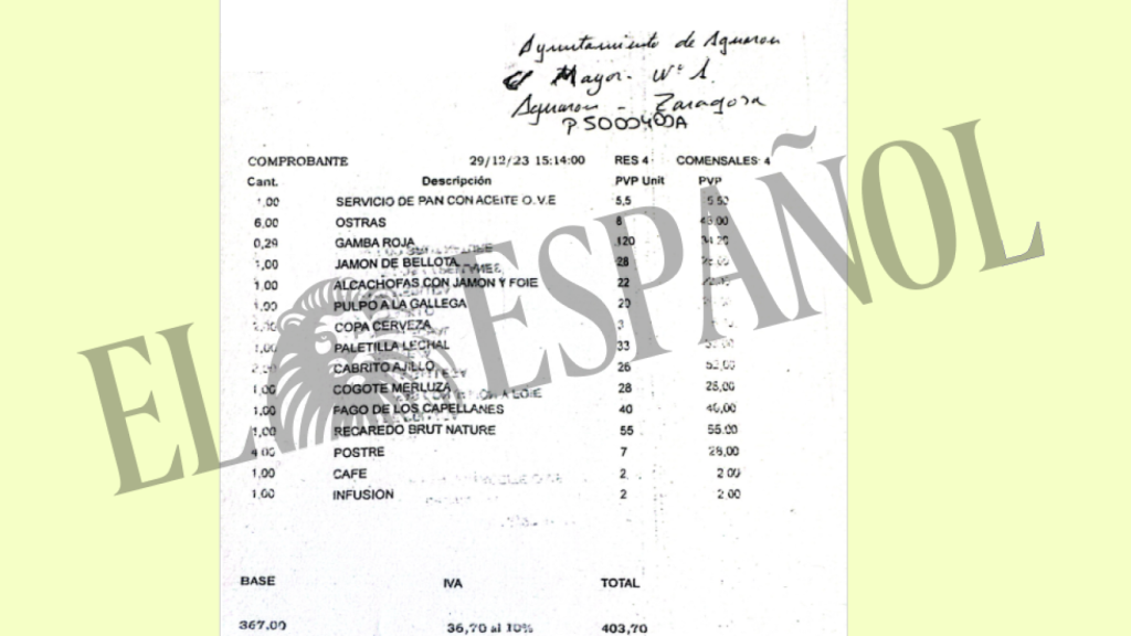 Tiquet de la comida con fondos del Ayuntamiento de Aguarón.