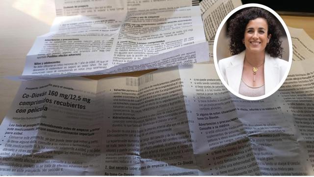 El prospecto de un medicamento junto a la imagen de María Engracia Pérez Palomero, presidenta del Colegio de Farmacéuticos de Castilla y León