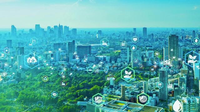 Ilustración de una ciudad sostenible futurista.