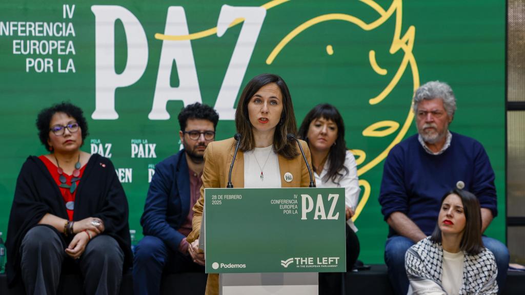La líder de Podemos, Ione Belarra, durante su intervención en la IV Conferencia europea por la paz.