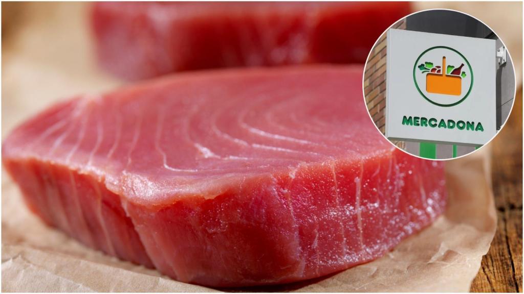 Un montaje con un filete de atún fresco junto al logotipo de Mercadona.