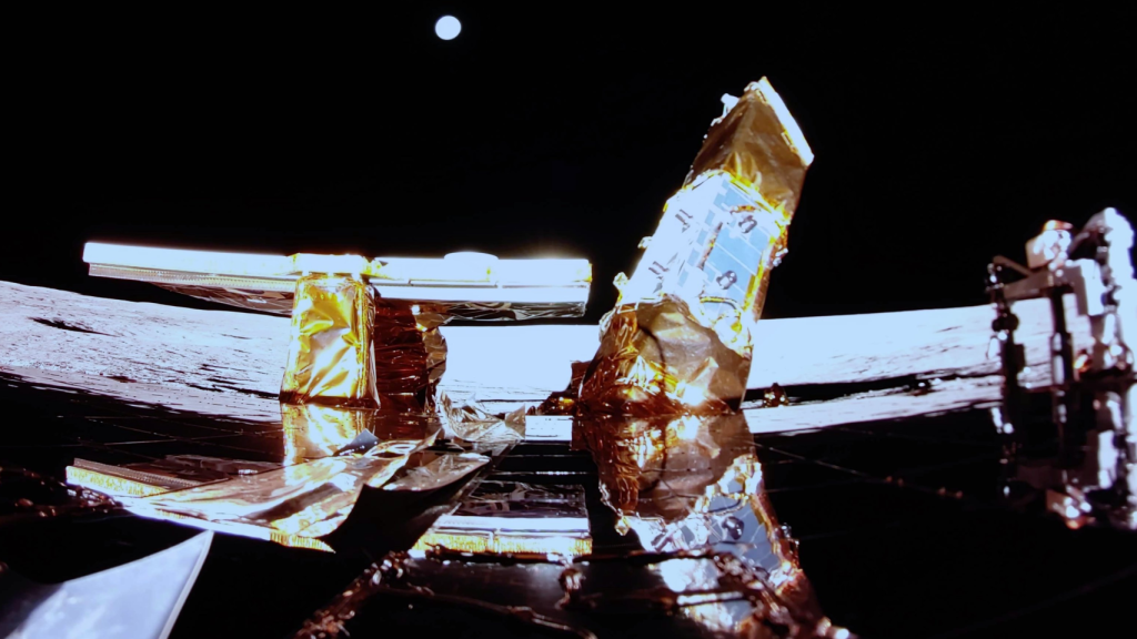 Imagen del módulo Blue Ghost en la superficie lunar con la Tierra al fondo