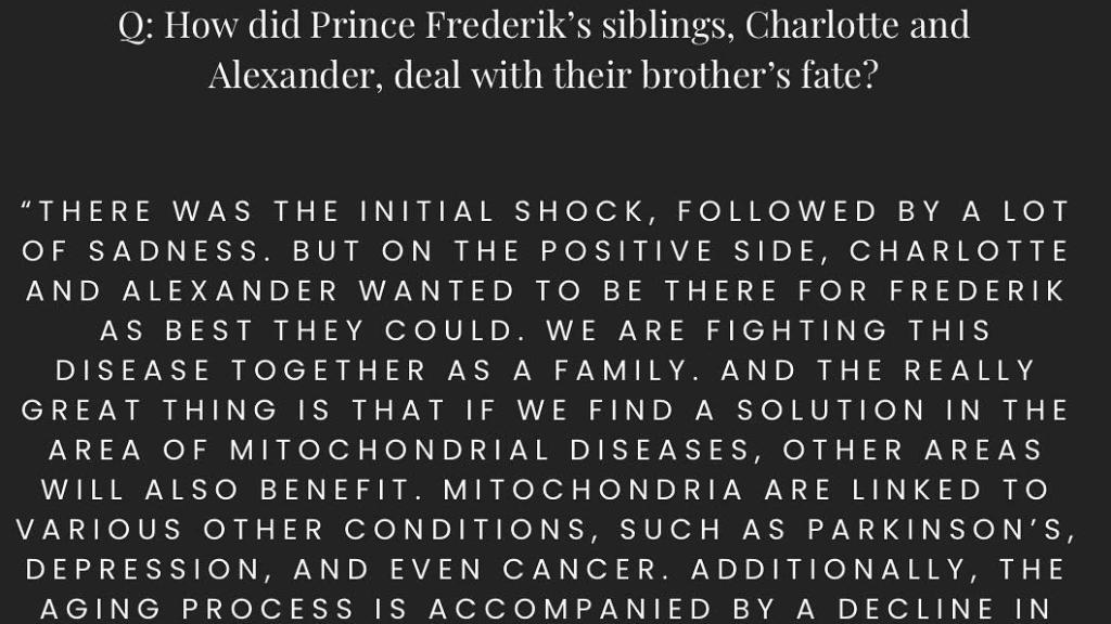 Frederik de Dinamarca, de 24 años, padece una enfermedad relacionada con las mitocondrias.