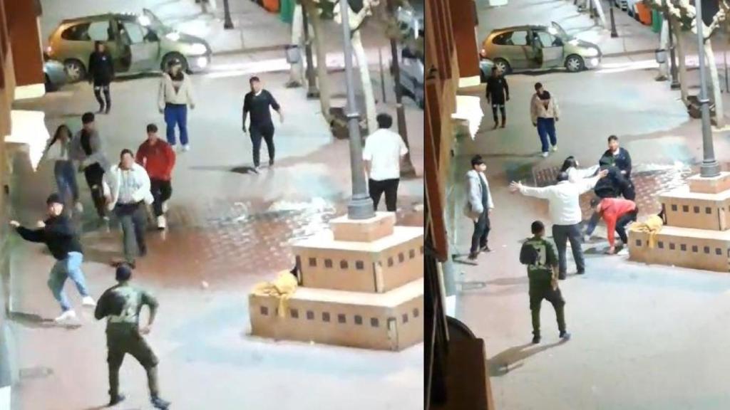 Dos fotogramas del vídeo de la tangana entre la pandilla juvenil y un joven, con un arma blanca blanca, que obra en poder de la Guardia Civil y de la Policía Local de Totana.