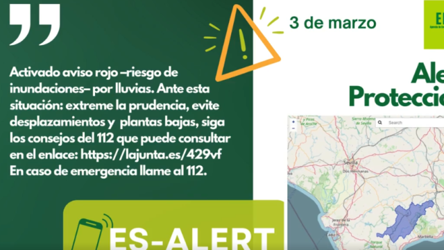 Imagen del mensaje enviado por la Junta de Andalucía ante el aviso rojo por lluvias en Ronda.