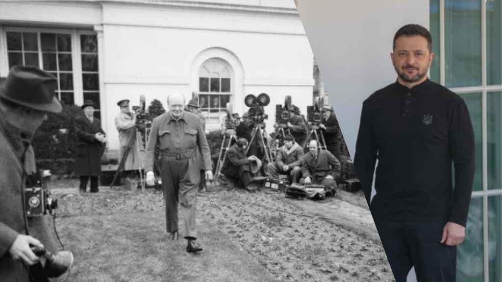 Churchill y Zelenski, saliendo de la Casa Blanca.