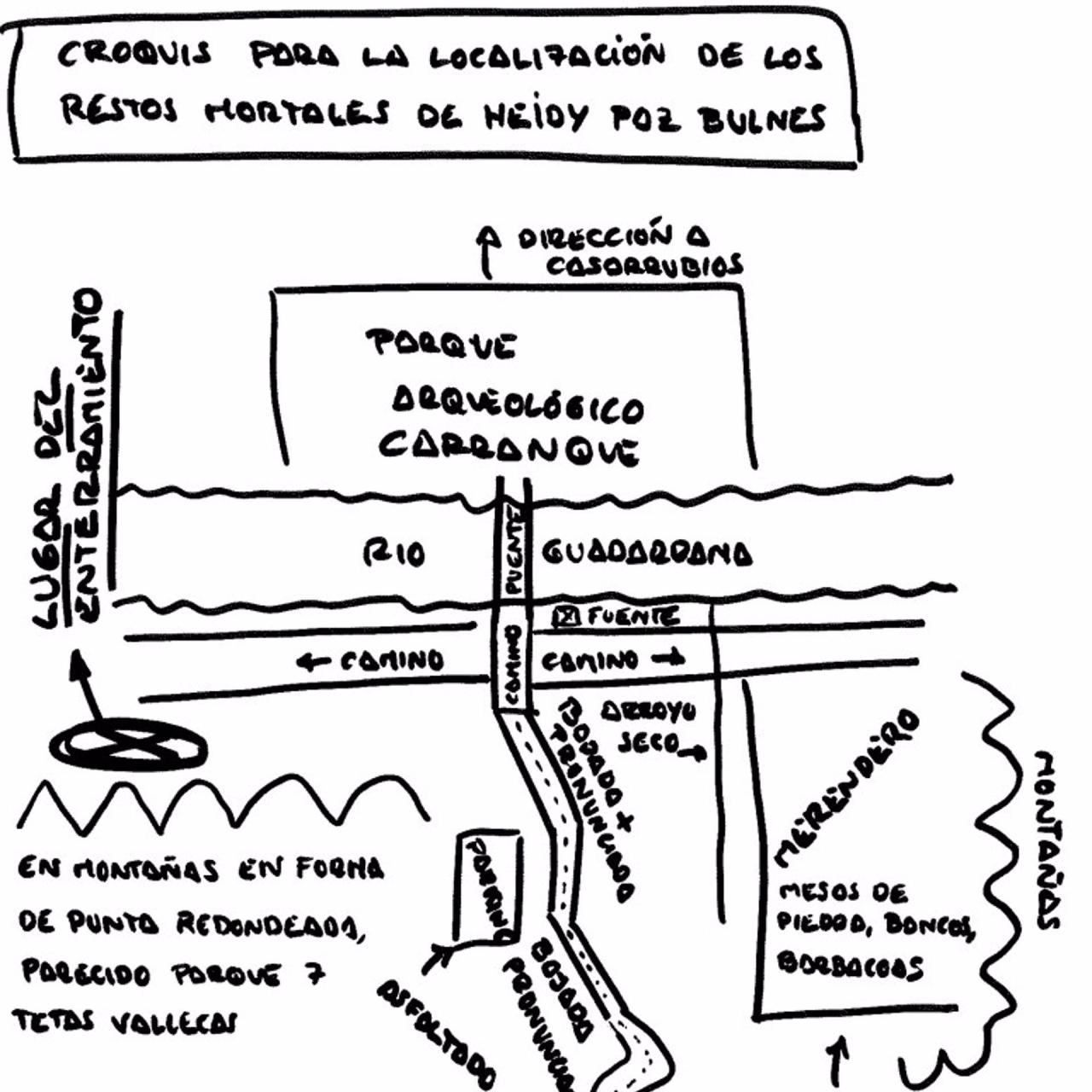 Croquis que incluye César Román en un escrito en el que detalla la localización de los restos de su pareja, asesinada en 2018. Foto: Europa Press.