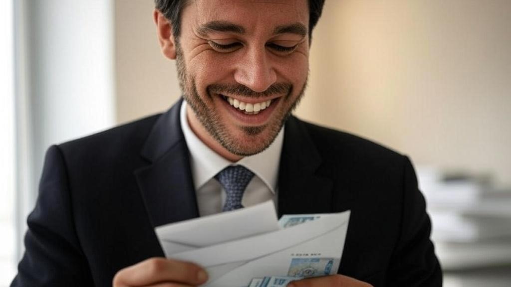 Imagen de archivo de hombre sujetando un sobre con dinero.