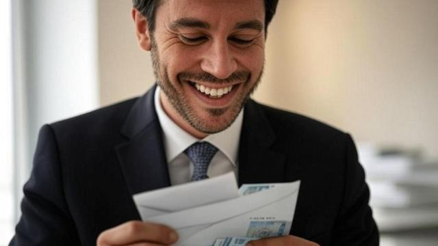 Imagen de archivo de hombre sujetando un sobre con dinero.
