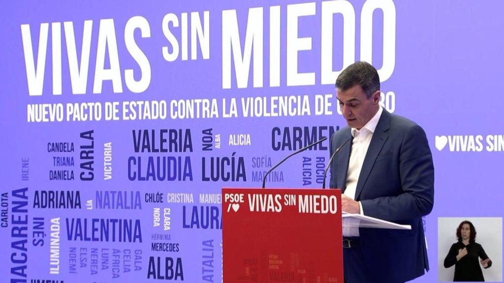 Pedro Sánchez en el acto del PSOE con motivo de la renovación del Pacto de Estado contra la Violencia de Género, el pasado jueves.