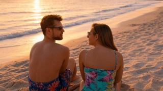 Pareja disfrutando en la playa.