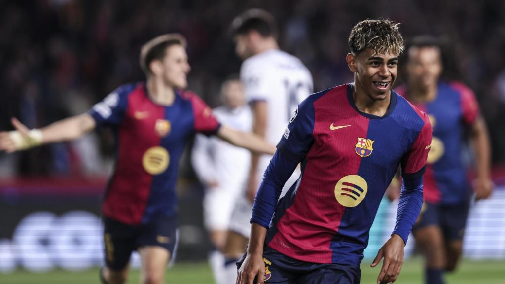 Lamine Yamal celebra un gol en la Champions League