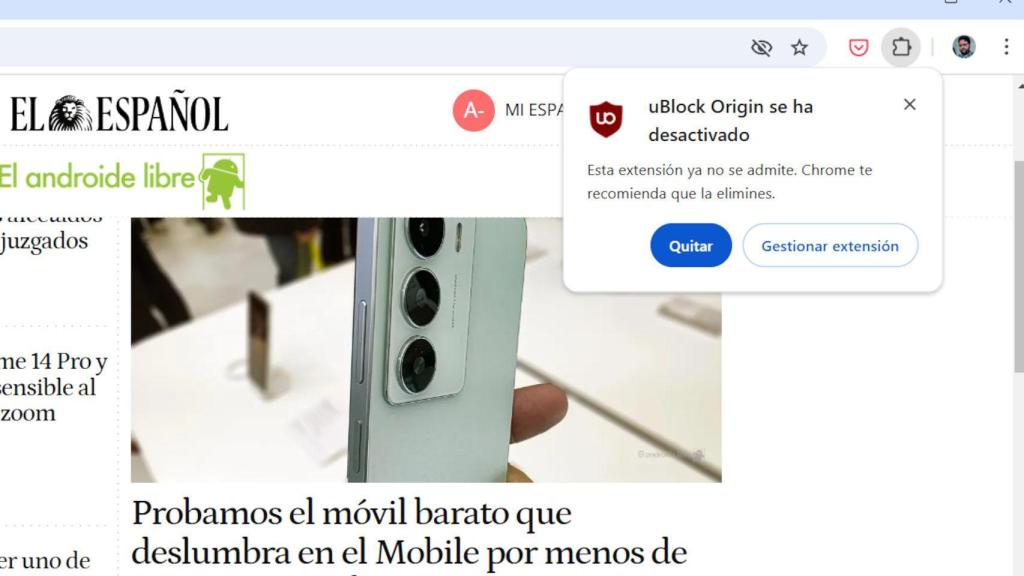 El mensaje emergente de Google Chrome que avisa de la desactivación de una extensión