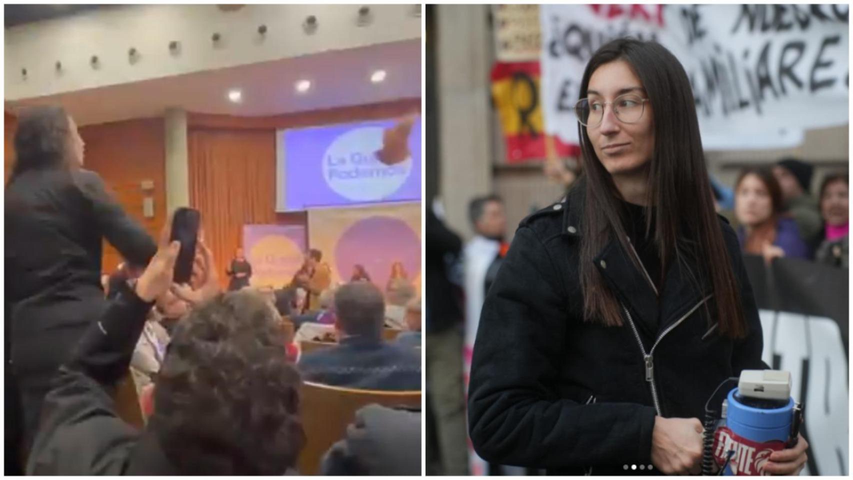Carmen López, durante el acto contra Irene Montero (i) y en una foto de archivo durante una manifestación (d).