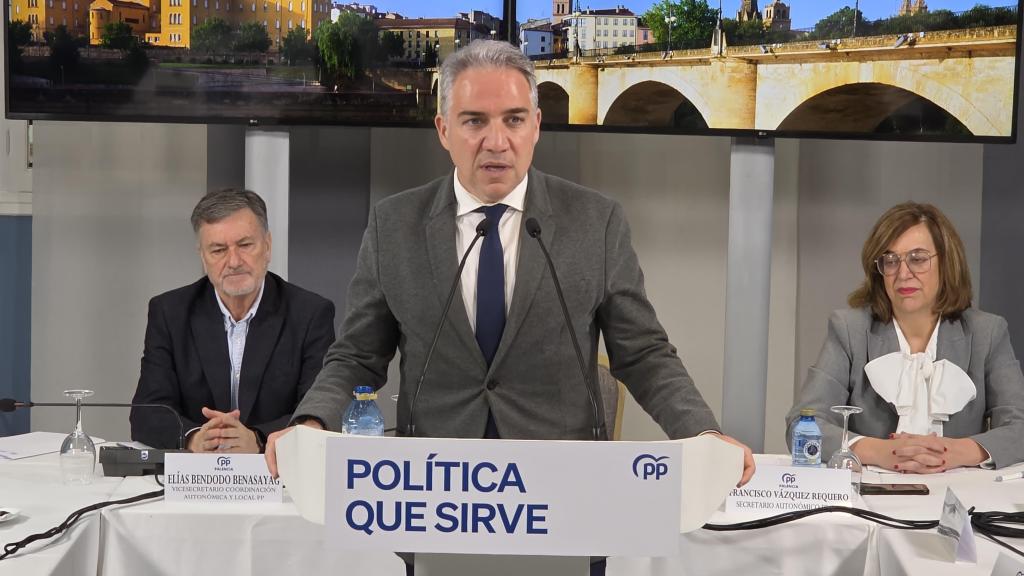 El vicesecretario general de Política Autonómica y Municipal y Análisis Electoral del PP, Elías Bendodo, durante su intervención en Palencia, este miércoles