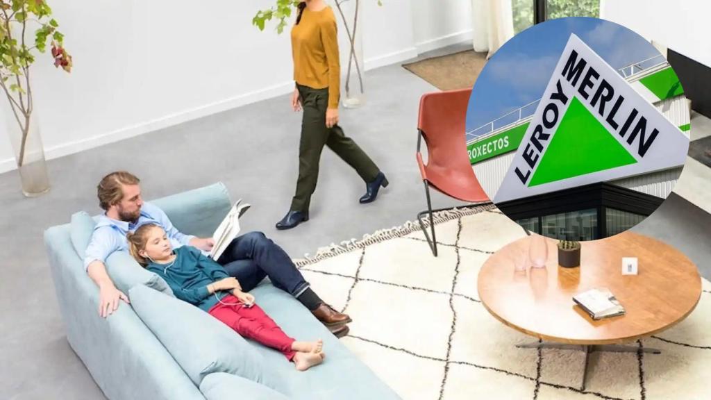 Fotomontaje con el logo de Leroy Merlin y una familia viviendo en su casa.