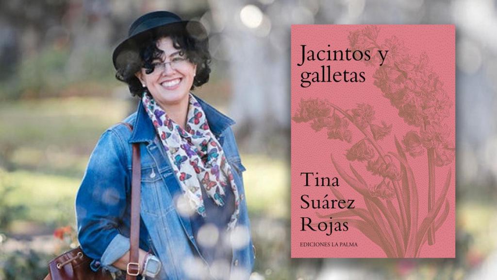Tina Suárez Rojas y la portada de su libro 'Jacintos y Galletas' (Ediciones La Palma)