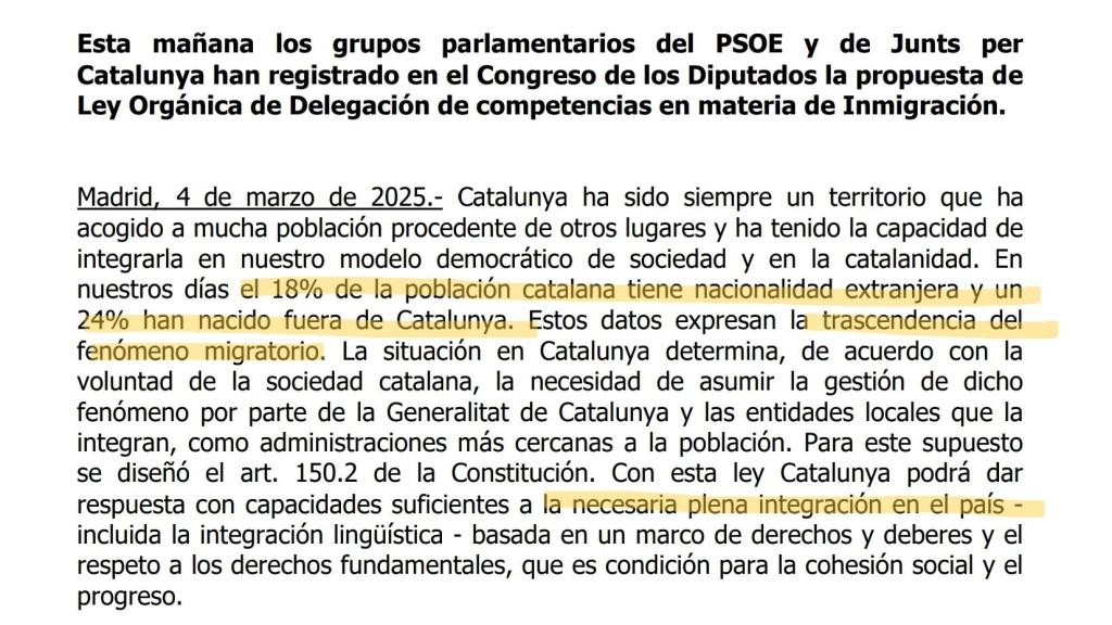 Comunicado común PSOE-Junts sobre la ley que delega la inmigración a Cataluña.