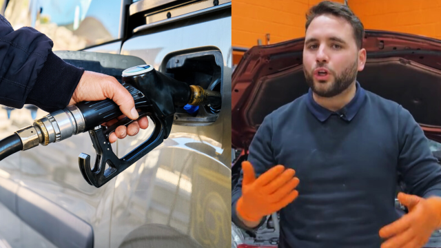 Hombre llenando el depósito de sucoche de gasolina y mecánico de Talleres Ebenezer.
