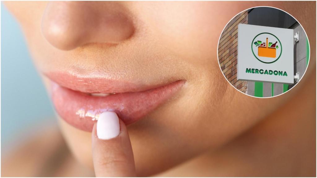Un montaje que muestra a una mujer aplicándose aceite en los labios junto al logo de Mercadona.