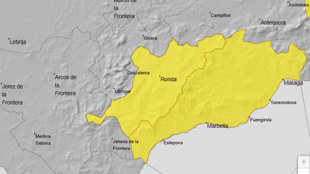 Mapa con el aviso en la provincia de Málaga.