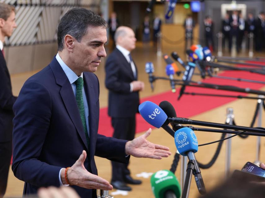El presidente del Gobierno, Pedro Sánchez, durante su comparecencia este jueves en Bruselas