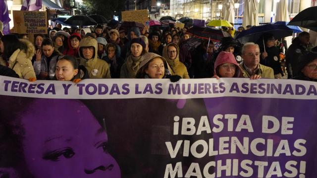 Imagen de archivo con cartel contra la violencia de género en un pasado 8M en Valladolid