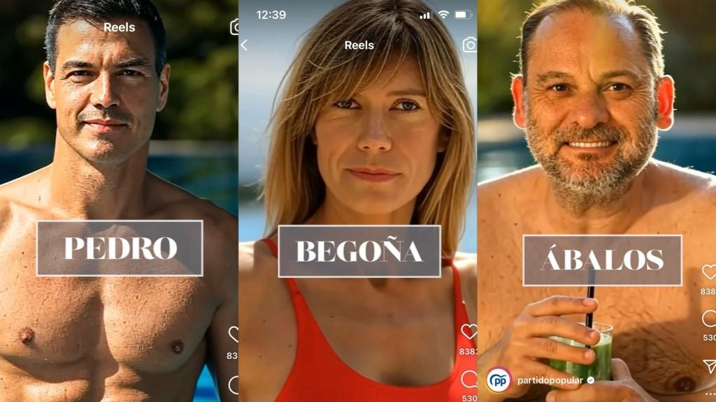 Pedro Sánchez, Begoña Gómez y José Luis Ábalos en un montaje del PP generado por IA y difundido en sus redes sociales.