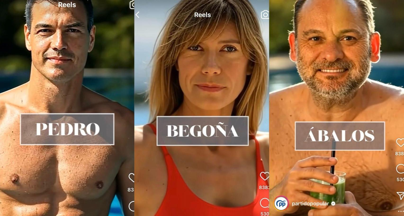 Pedro Sánchez, Begoña Gómez y José Luis Ábalos en un montaje del PP generado por IA y difundido en sus redes sociales.