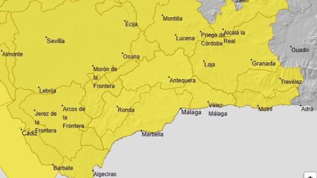 El mapa de avisos meteorológicos de la Aemet para este sábado en Málaga.