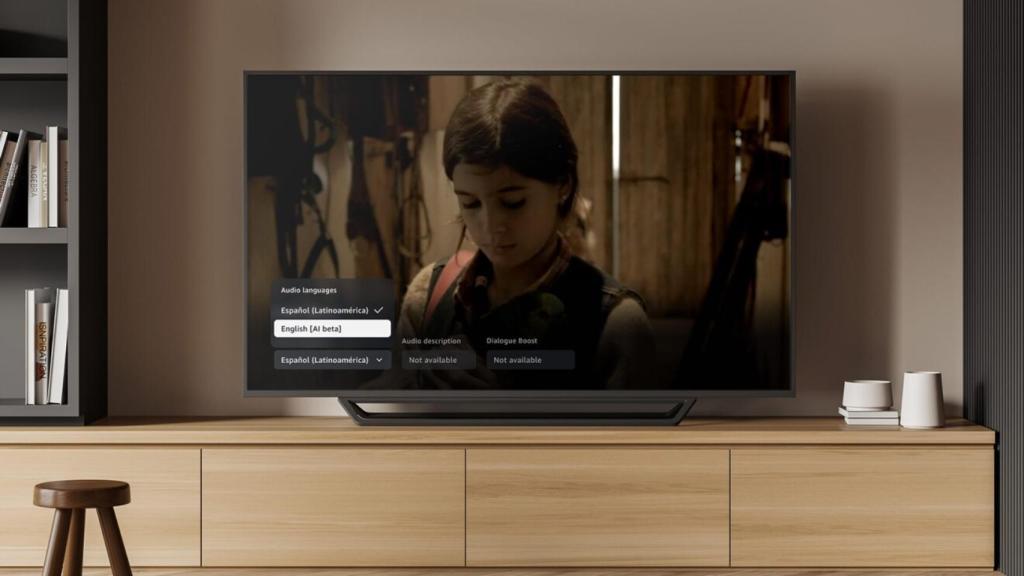 Un televisor con el programa de doblaje asistido por IA de Amazon Prime Video.