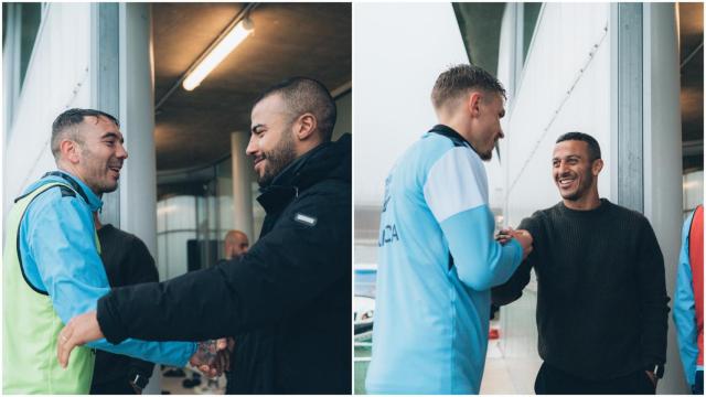 Rafinha saluda a Aspas y Thiago a Mingueza.