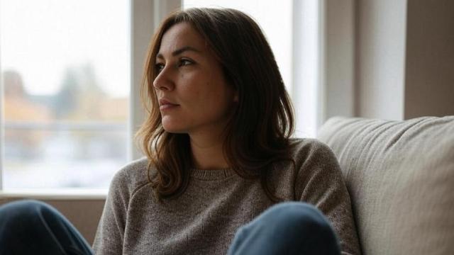 Mujer preocupada mirando por la ventana.