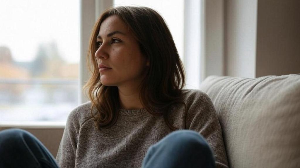 Mujer preocupada mirando por la ventana.